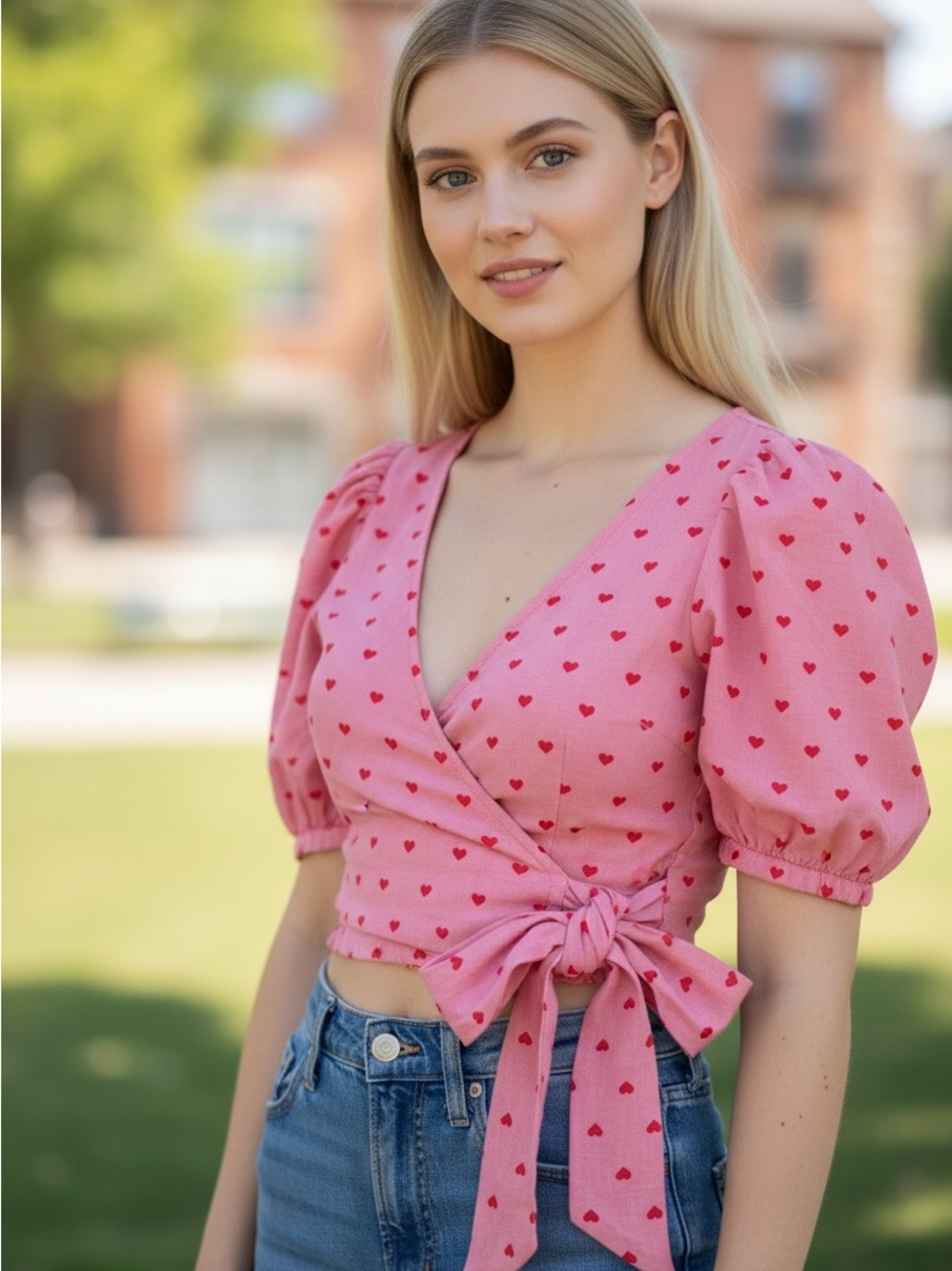 Pink Heart-Print Wrap Crop Top with Puff Sleeves Size M